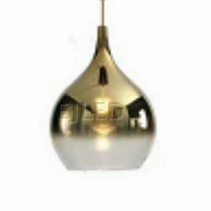 This brass metal pendant light features a rounded tear drop shade with a gold mirror finish at the top and clear glass at the bottom, housing one lamp.