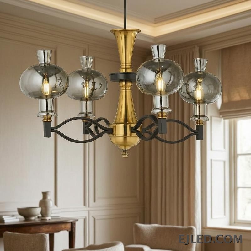 Clear, ribbed glass forms the bell-shaped shade of the GL0050 pendant light, suspended by a polished brass fixture. This design provides diffused ambient lighting suitable for countertops, dining tables, or as accent lighting in hospitality settings. - view 2