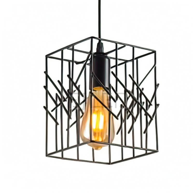 This black iron pendant light features an open geometric cube shade surrounding a single exposed bulb. It hangs from a black cord for a modern industrial look.