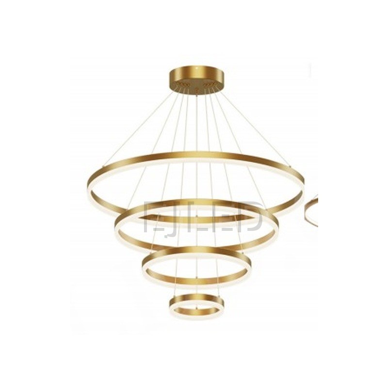 This multi-tier pendant fixture features four concentric gold circular rings suspended from a matching ceiling canopy by thin steel cables, creating a cascading modern light display. - view 2