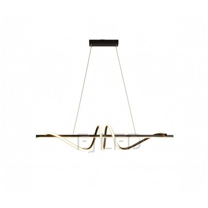 This black and gold pendant ceiling light features a striking linear beam wrapped in continuous curved LED lighting elements, suspended from a rectangular ceiling canopy by thin support wires.