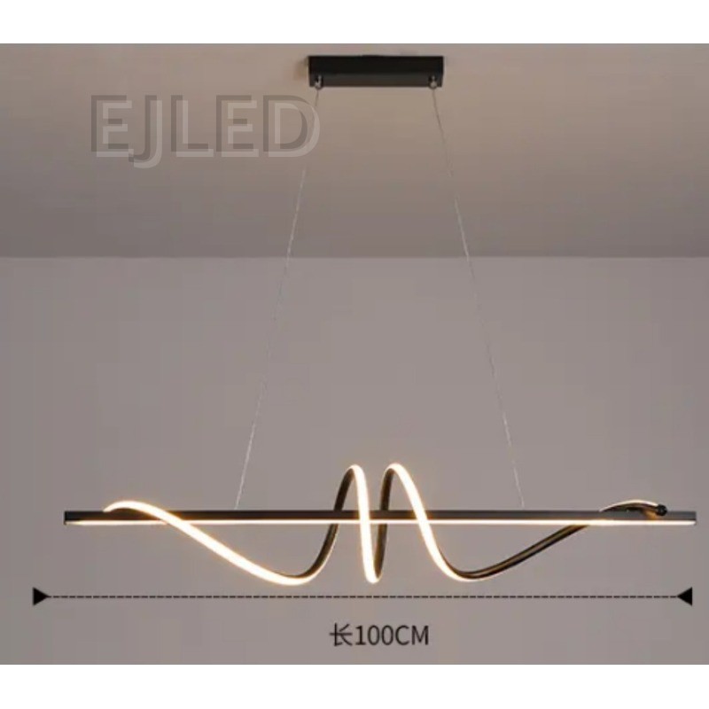 This black and gold pendant ceiling light features a striking linear beam wrapped in continuous curved LED lighting elements, suspended from a rectangular ceiling canopy by thin support wires. - view 2