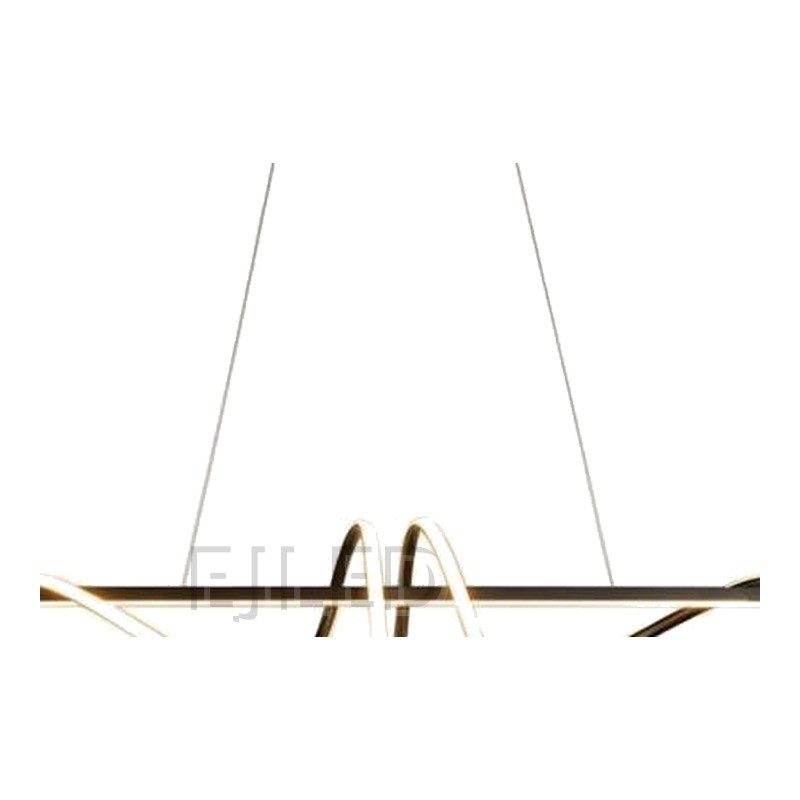 This black and gold pendant ceiling light features a striking linear beam wrapped in continuous curved LED lighting elements, suspended from a rectangular ceiling canopy by thin support wires. - view 3