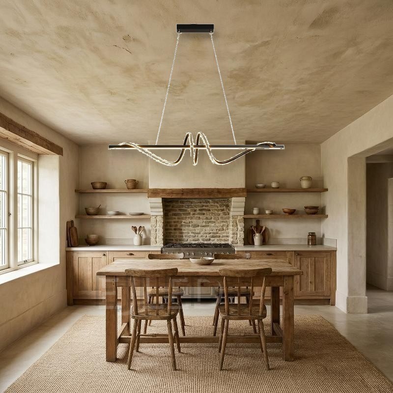 This black and gold pendant ceiling light features a striking linear beam wrapped in continuous curved LED lighting elements, suspended from a rectangular ceiling canopy by thin support wires. - view 4