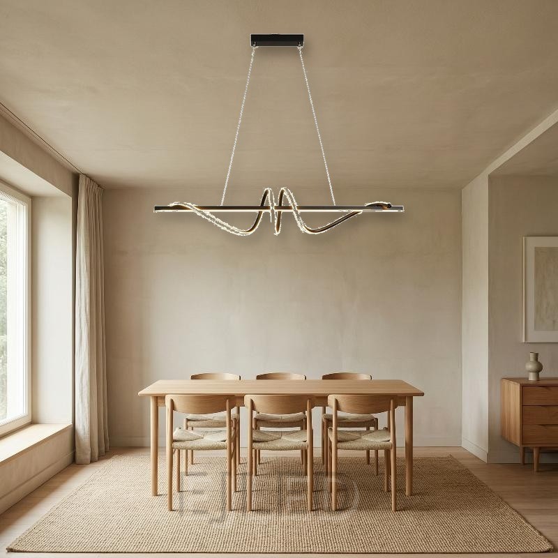 This black and gold pendant ceiling light features a striking linear beam wrapped in continuous curved LED lighting elements, suspended from a rectangular ceiling canopy by thin support wires. - view 5