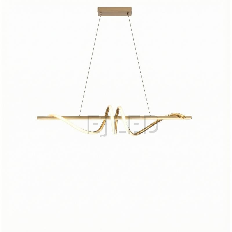 This modern golden pendant light features a linear metal frame intersected by a sculptural illuminated loop element. It suspends from a matching rectangular canopy by thin cables.