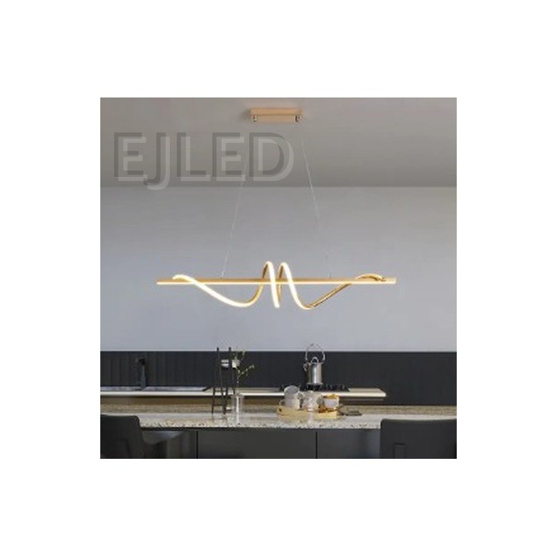 This modern golden pendant light features a linear metal frame intersected by a sculptural illuminated loop element. It suspends from a matching rectangular canopy by thin cables. - view 2