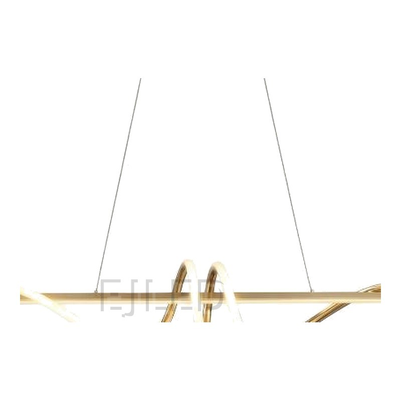 This modern golden pendant light features a linear metal frame intersected by a sculptural illuminated loop element. It suspends from a matching rectangular canopy by thin cables. - view 3