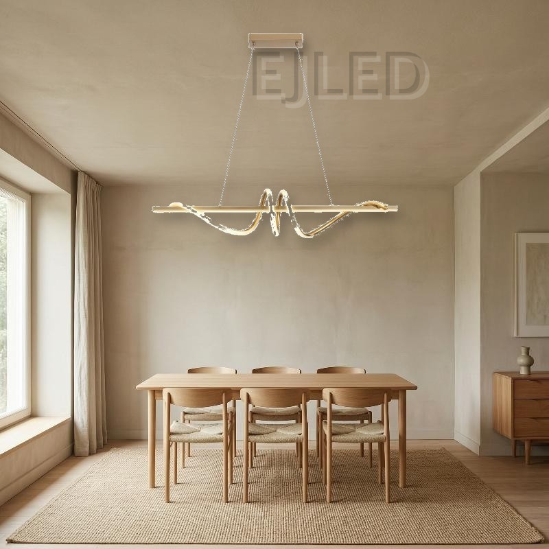 This modern golden pendant light features a linear metal frame intersected by a sculptural illuminated loop element. It suspends from a matching rectangular canopy by thin cables. - view 5
