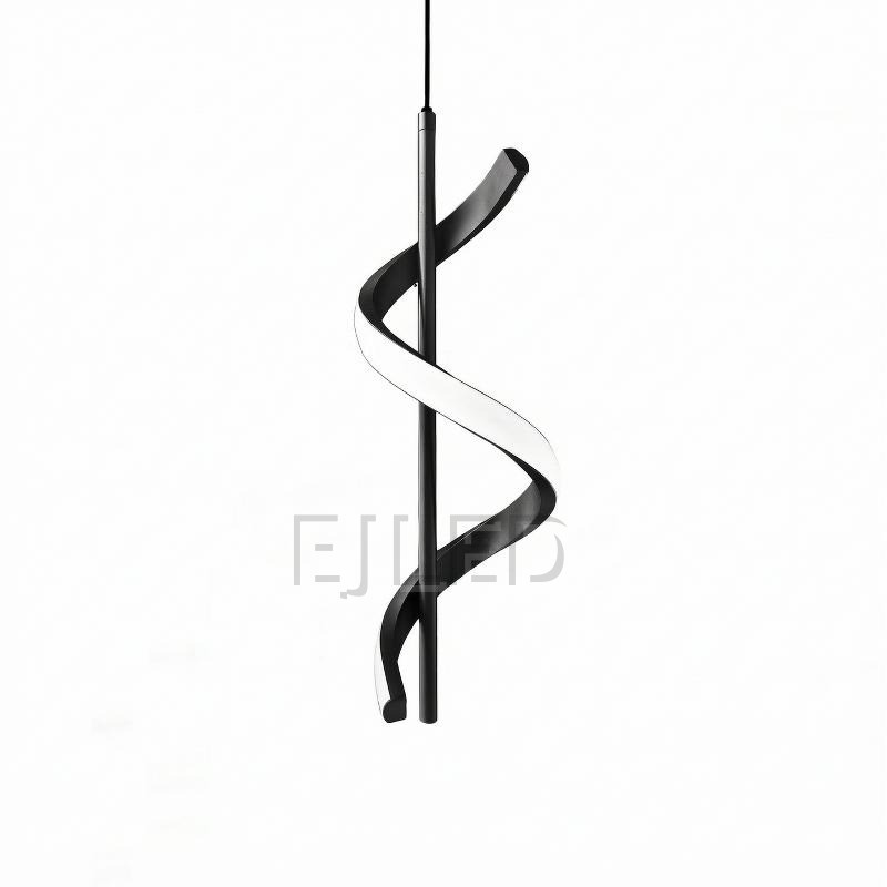 This black pendant lamp features a straight center rod wrapped by a continuous spiral shade with an illuminated white edge.