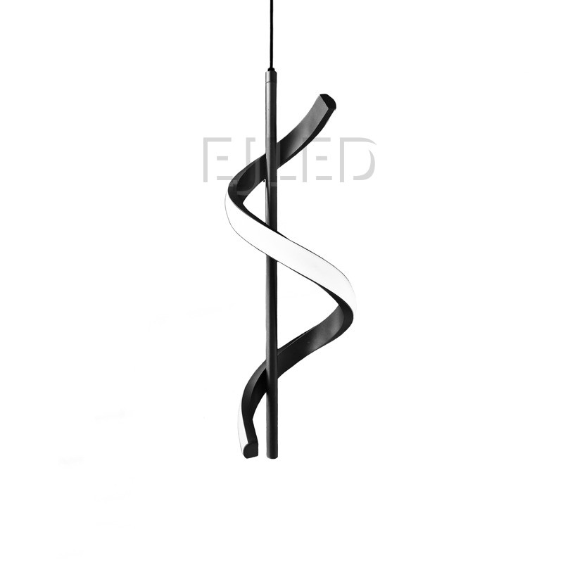 This black pendant lamp features a straight center rod wrapped by a continuous spiral shade with an illuminated white edge. - view 2