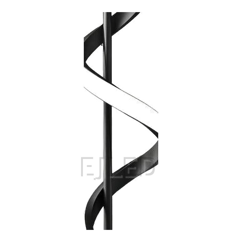 This black pendant lamp features a straight center rod wrapped by a continuous spiral shade with an illuminated white edge. - view 3
