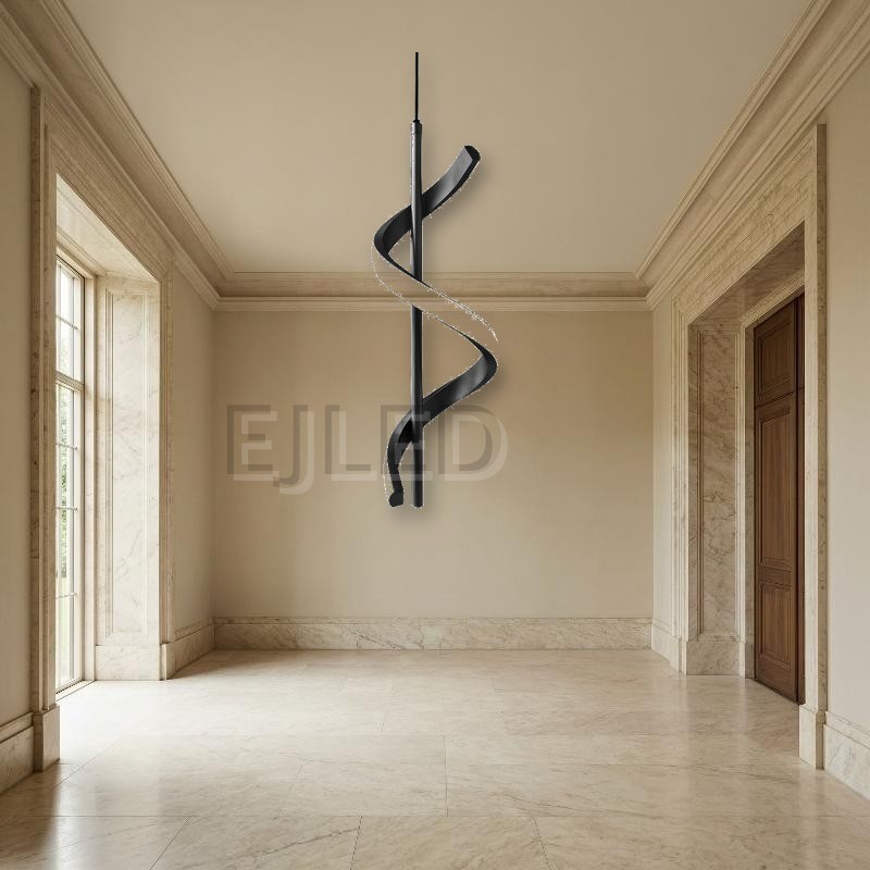 This black pendant lamp features a straight center rod wrapped by a continuous spiral shade with an illuminated white edge. - view 4