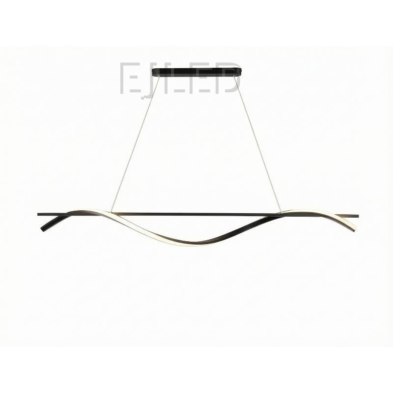 This modern black wave LED pendant light features a linear metal bar paired with a dramatic flowing wave LED element suspended by thin cables.