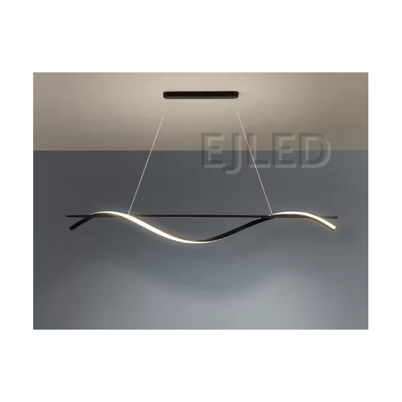 This modern black wave LED pendant light features a linear metal bar paired with a dramatic flowing wave LED element suspended by thin cables. - view 2