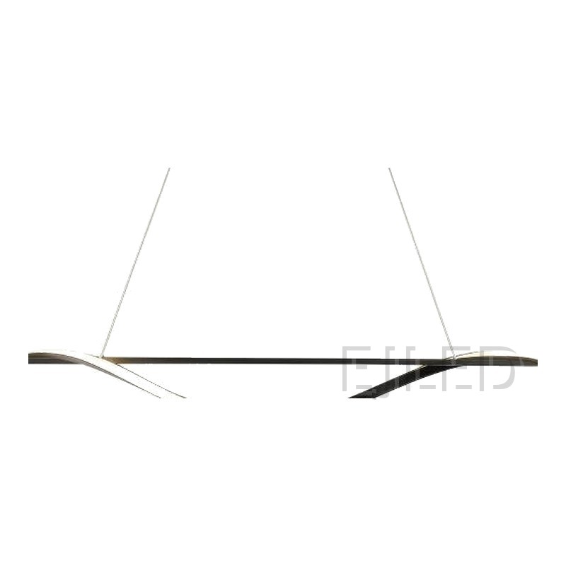 This modern black wave LED pendant light features a linear metal bar paired with a dramatic flowing wave LED element suspended by thin cables. - view 3