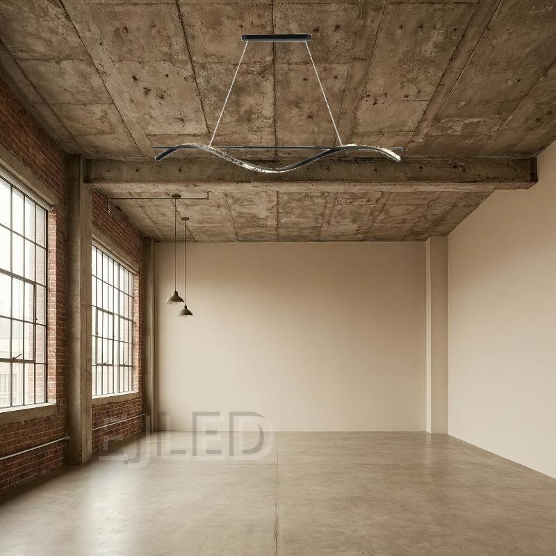 This modern black wave LED pendant light features a linear metal bar paired with a dramatic flowing wave LED element suspended by thin cables. - view 4