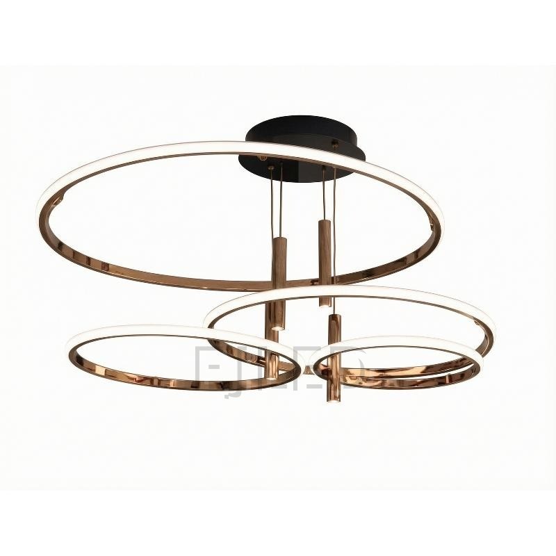 This multi-ring LED ceiling light features four graduated rings in a polished rose gold finish suspended from a round black canopy.