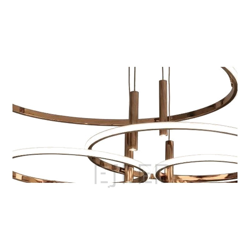 This multi-ring LED ceiling light features four graduated rings in a polished rose gold finish suspended from a round black canopy. - view 3
