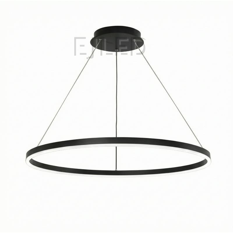 This black aluminum ring LED ceiling light features a suspended circular shade with an integrated downward light strip and thin hanging cables.