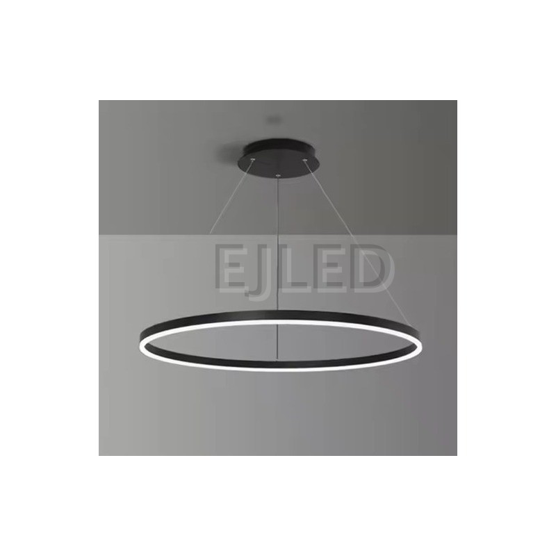 This black aluminum ring LED ceiling light features a suspended circular shade with an integrated downward light strip and thin hanging cables. - view 2