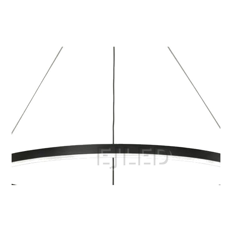 This black aluminum ring LED ceiling light features a suspended circular shade with an integrated downward light strip and thin hanging cables. - view 3