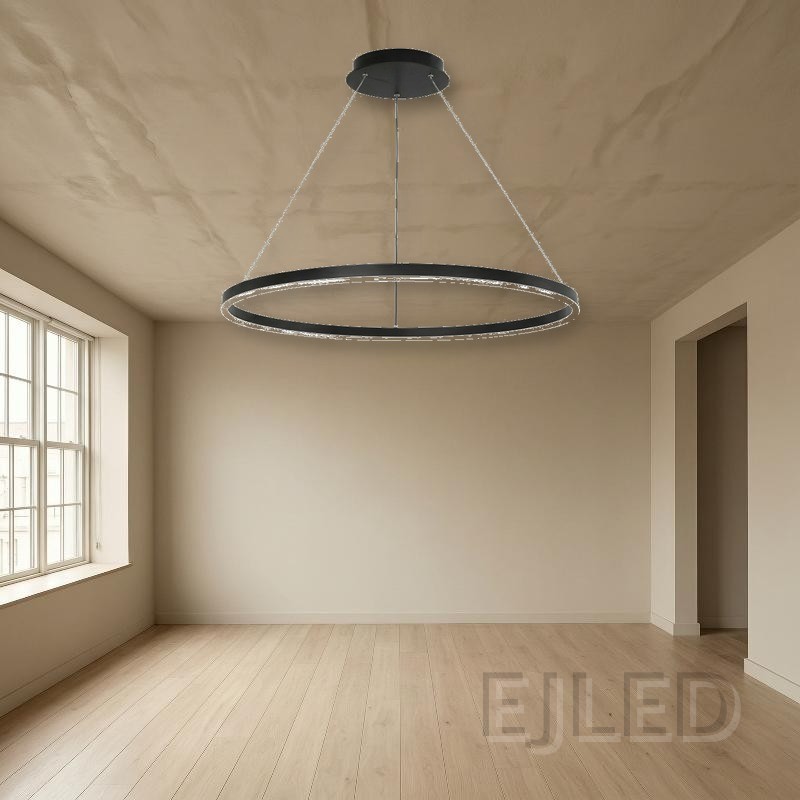 This black aluminum ring LED ceiling light features a suspended circular shade with an integrated downward light strip and thin hanging cables. - view 4