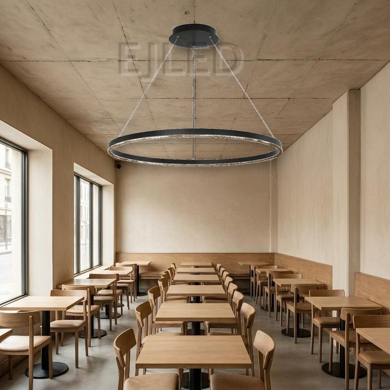 This black aluminum ring LED ceiling light features a suspended circular shade with an integrated downward light strip and thin hanging cables. - view 5