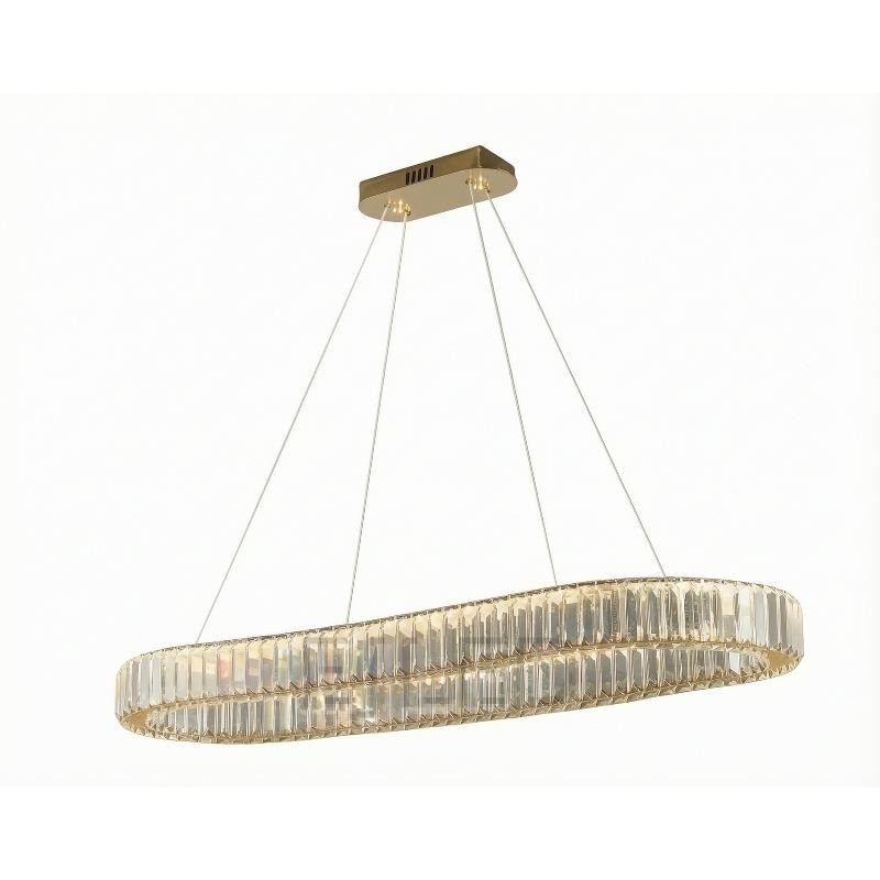 This titanium gold oval ceiling light features a multi-tiered crystal shade suspended by thin wires from a matching rectangular canopy.