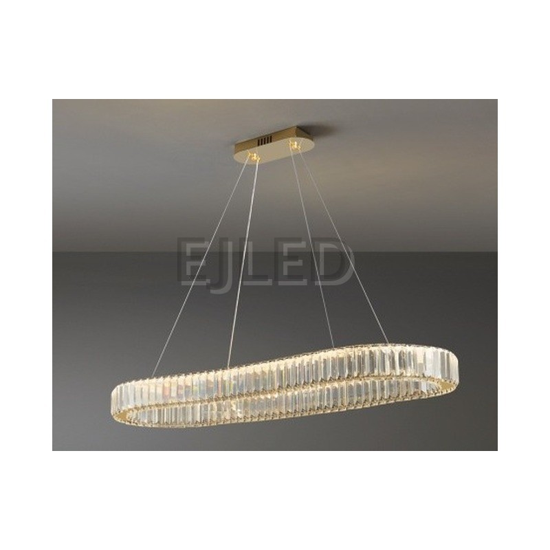 This titanium gold oval ceiling light features a multi-tiered crystal shade suspended by thin wires from a matching rectangular canopy. - view 2