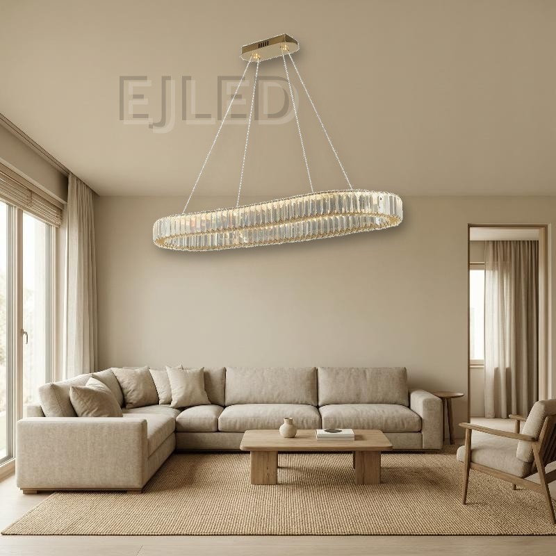 This titanium gold oval ceiling light features a multi-tiered crystal shade suspended by thin wires from a matching rectangular canopy. - view 4