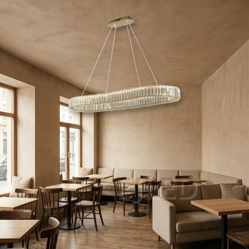 This titanium gold oval ceiling light features a multi-tiered crystal shade suspended by thin wires from a matching rectangular canopy. - view 5