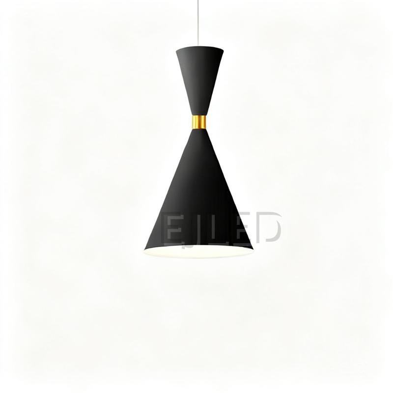 This unique pendant lamp features a black plastic body in an hourglass shape, accented by a gold-tone band. It provides downward illumination, suspended by a single cord, making it suitable for various interior settings.