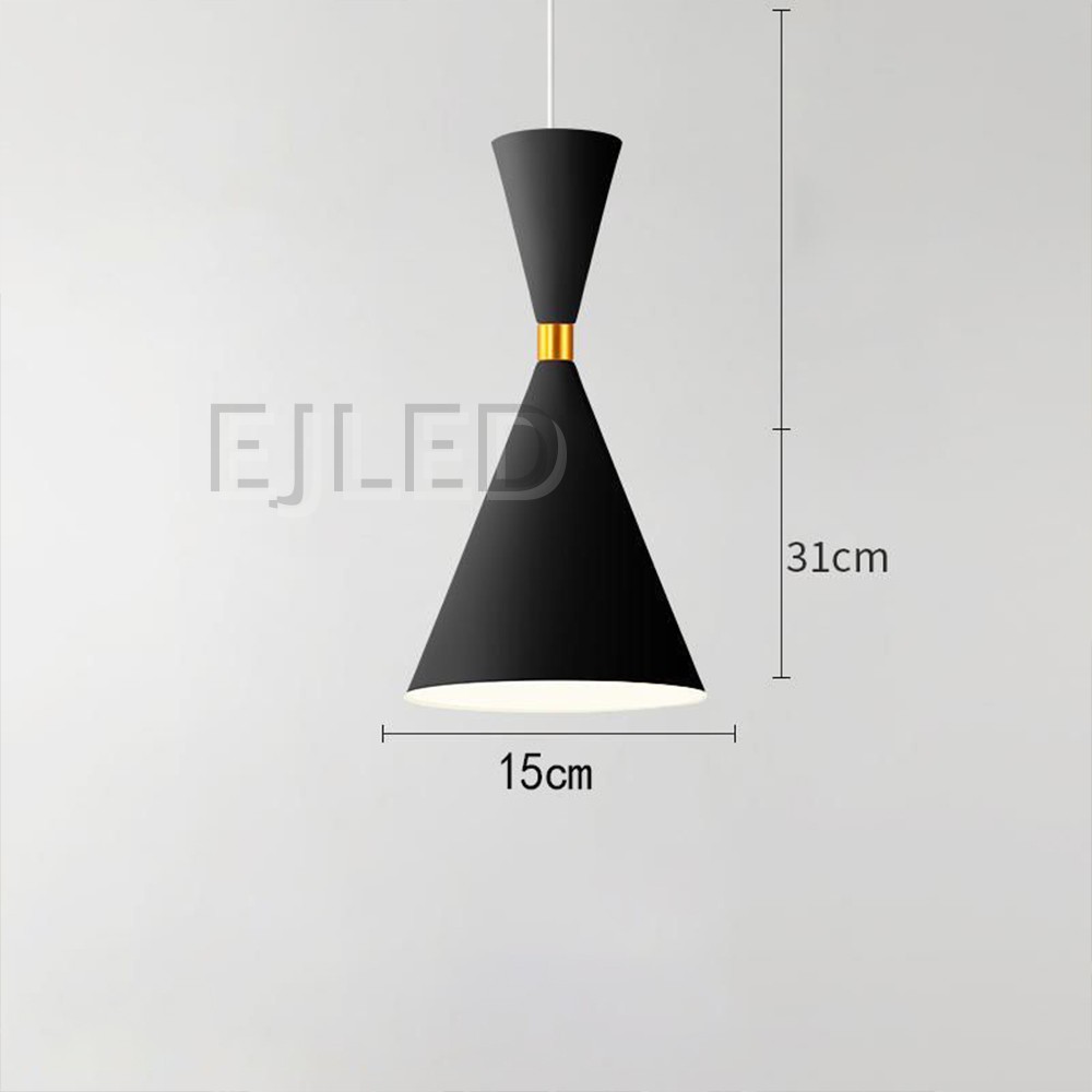 This unique pendant lamp features a black plastic body in an hourglass shape, accented by a gold-tone band. It provides downward illumination, suspended by a single cord, making it suitable for various interior settings. - view 2