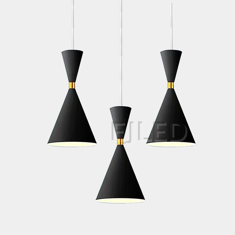 This unique pendant lamp features a black plastic body in an hourglass shape, accented by a gold-tone band. It provides downward illumination, suspended by a single cord, making it suitable for various interior settings. - view 3