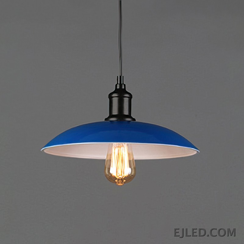 This iron dome pendant lamp features a matte black exterior shade and a reflective interior. It suspends from a black cord and illuminates with a single, exposed bulb. The fixture has a dark, textured finish on its connecting hardware. - view 2