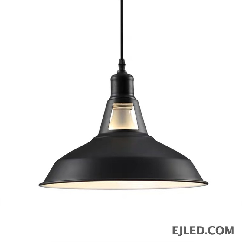 This dome pendant light features a matte black steel shade with an open bottom, revealing a single bulb and a light-colored interior for broad illumination. It hangs from a simple suspension cord.
