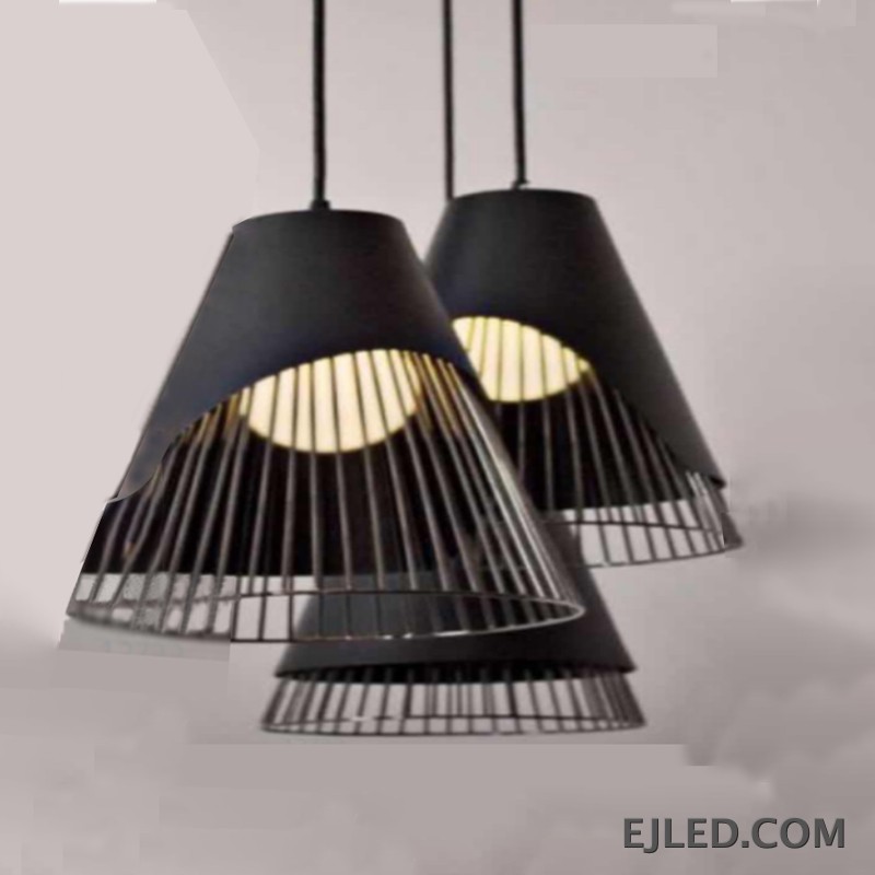 This iron pendant light features a black conical shade with an integrated open wire cage, revealing a warm, internally shielded light source. The unique layered design offers a distinctive aesthetic. - view 2