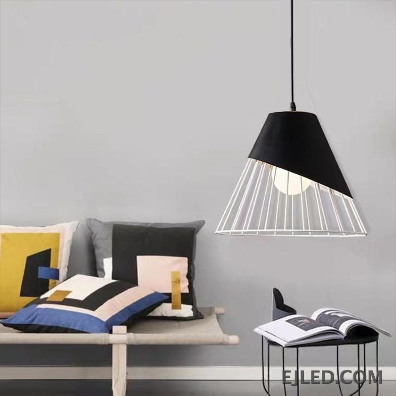 This iron pendant light features a black conical shade with an integrated open wire cage, revealing a warm, internally shielded light source. The unique layered design offers a distinctive aesthetic. - view 3