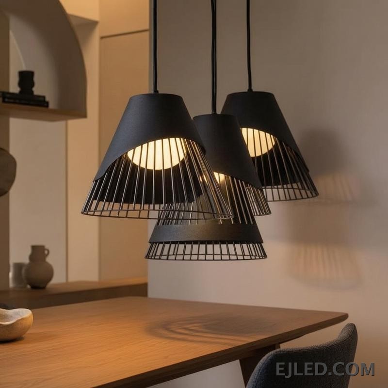 This iron pendant light features a black conical shade with an integrated open wire cage, revealing a warm, internally shielded light source. The unique layered design offers a distinctive aesthetic. - view 6