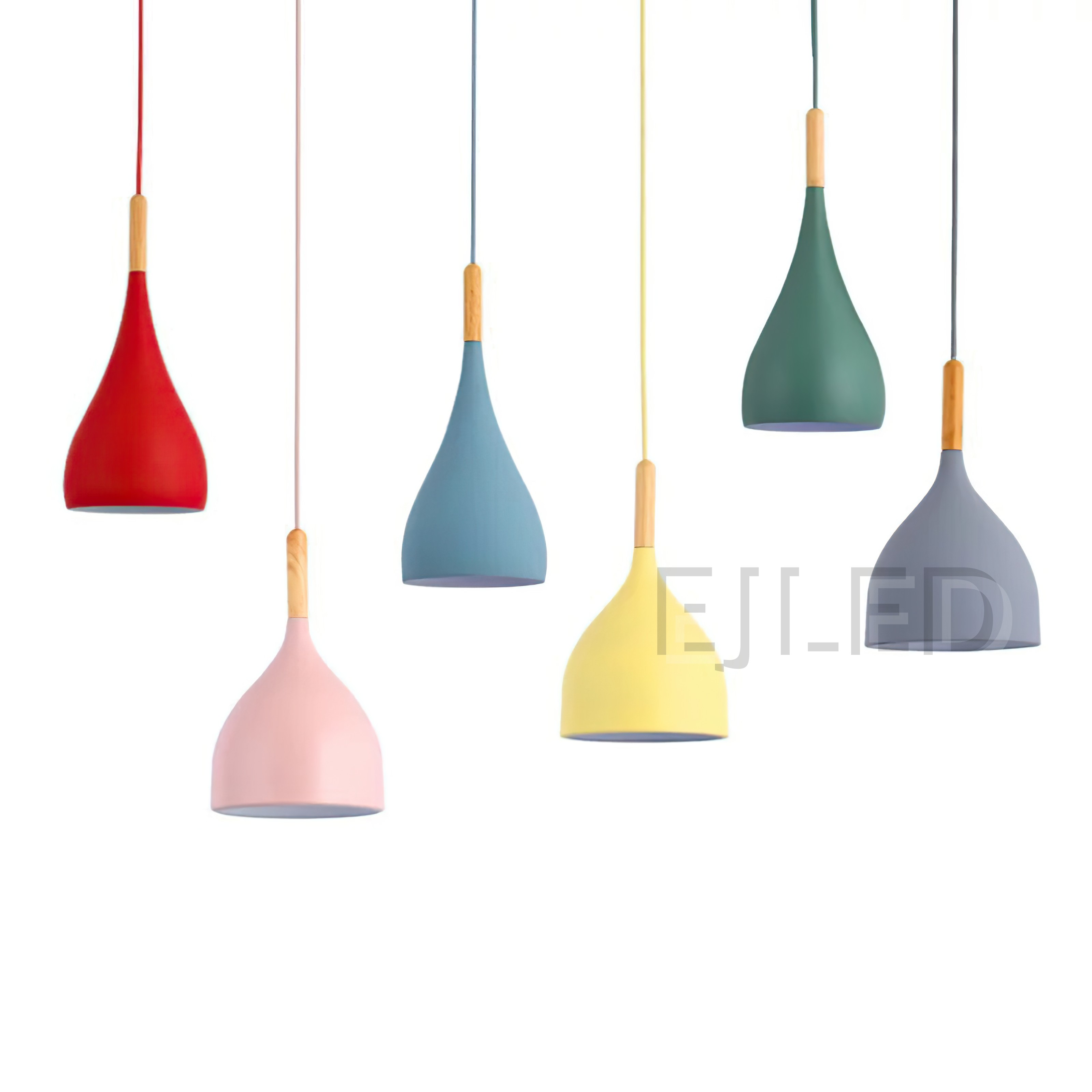 This aluminum dome pendant light features a painted metal shade with a natural wood connector and suspends from a matching cord.