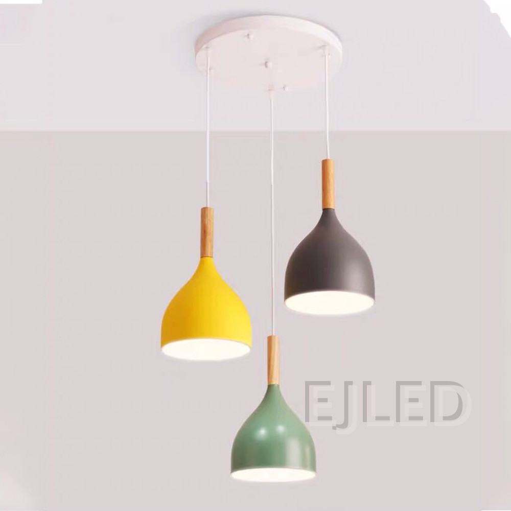 This aluminum dome pendant light features a painted metal shade with a natural wood connector and suspends from a matching cord. - view 2