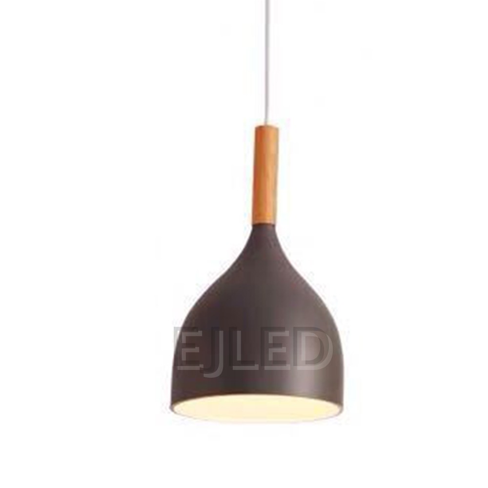 This aluminum dome pendant light features a painted metal shade with a natural wood connector and suspends from a matching cord. - view 6
