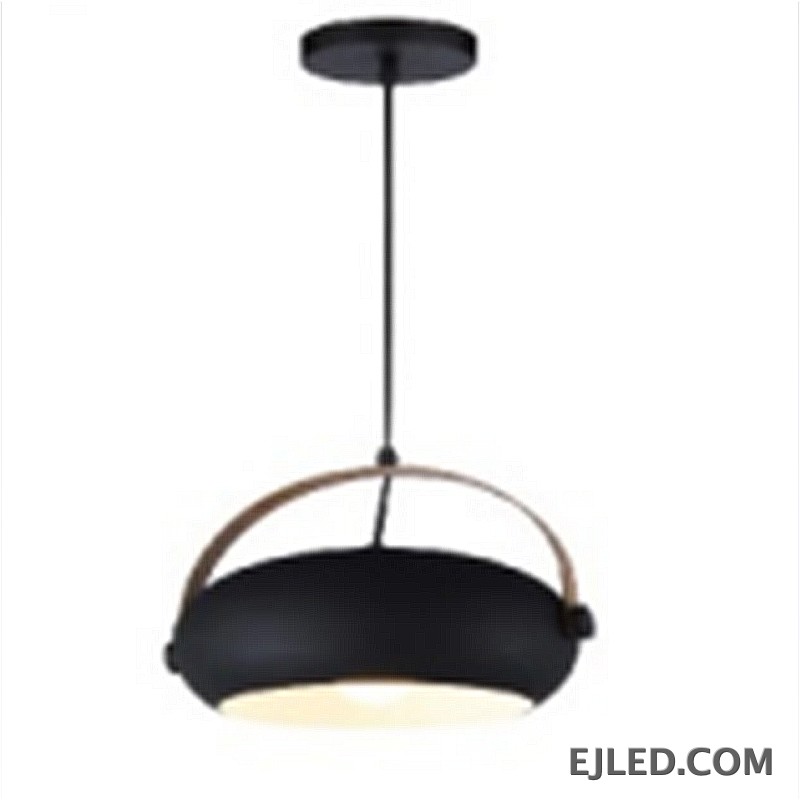 This barn pendant light features a barrel-shaped steel body in a matte black finish. It hangs from a black rod and is accented by a curved, natural-toned band. The open bottom casts light downwards.
