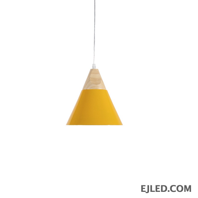 This Barn Pendant Light features a wooden top and a yellow metal cone shade. It hangs from a single cord, providing focused downward illumination.
