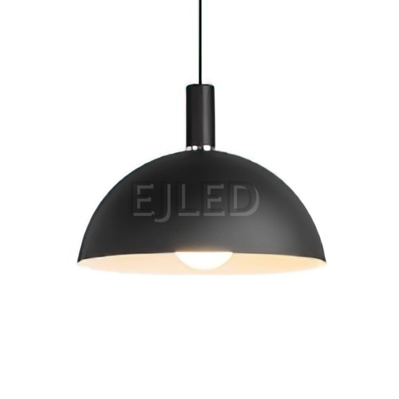 This aluminum dome pendant light features a wide black shade, a cylindrical top connector, and a single exposed bulb suspended from a cord.