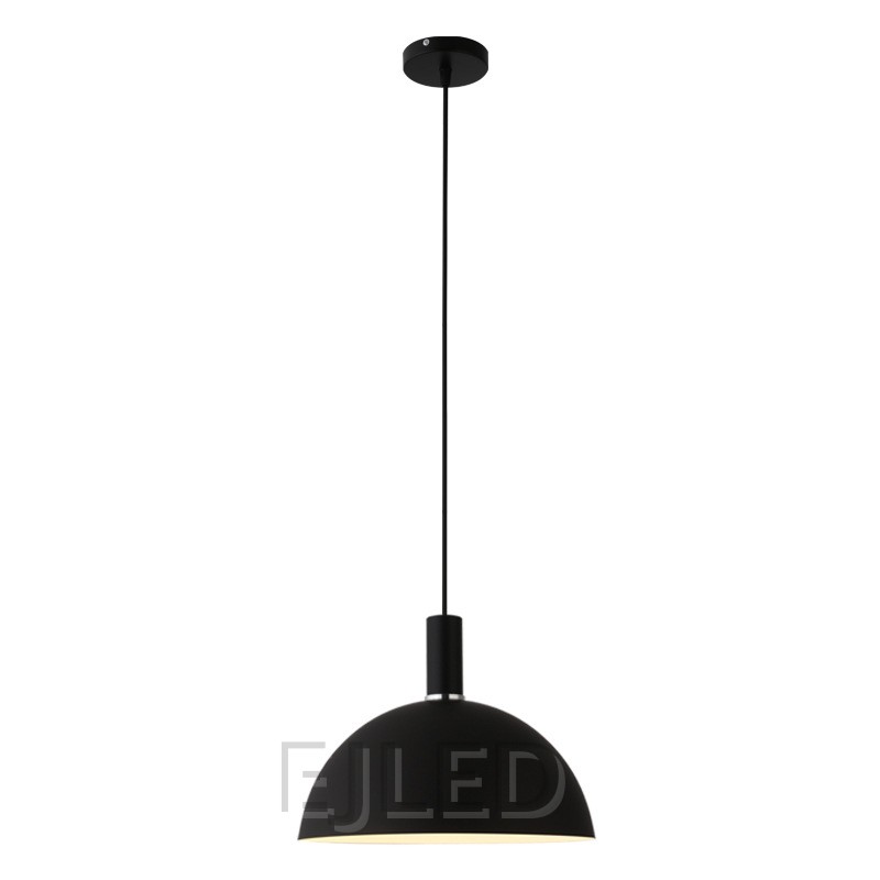 This aluminum dome pendant light features a wide black shade, a cylindrical top connector, and a single exposed bulb suspended from a cord. - view 2