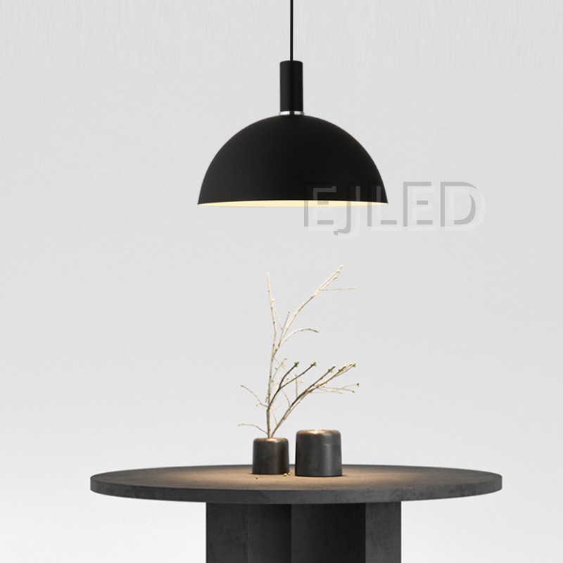 This aluminum dome pendant light features a wide black shade, a cylindrical top connector, and a single exposed bulb suspended from a cord. - view 5
