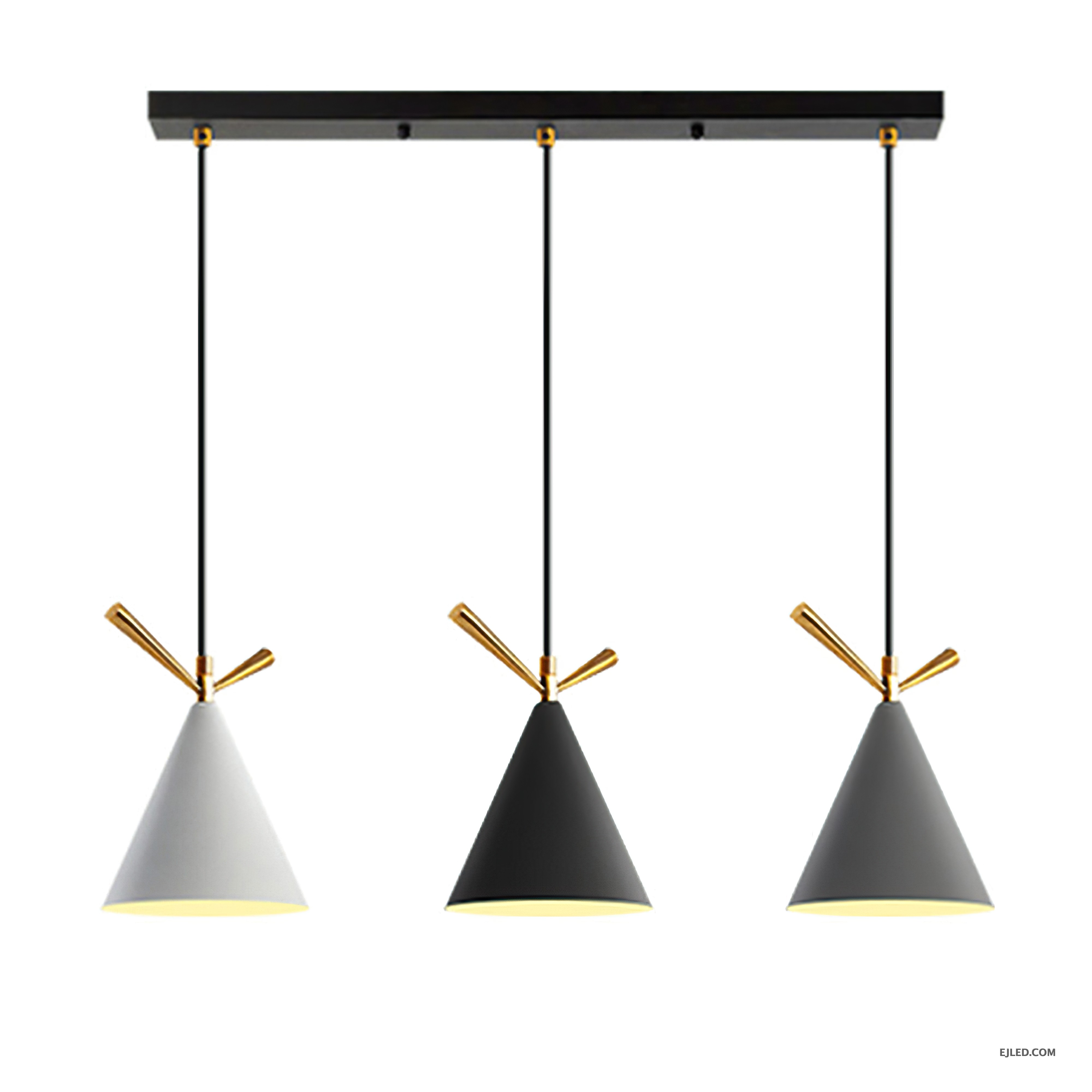 This pendant fixture features three cone-shaped metal shades in white, gray, and black, each accented with gold-colored details and an open bottom. It hangs from a single black circular canopy. - view 3