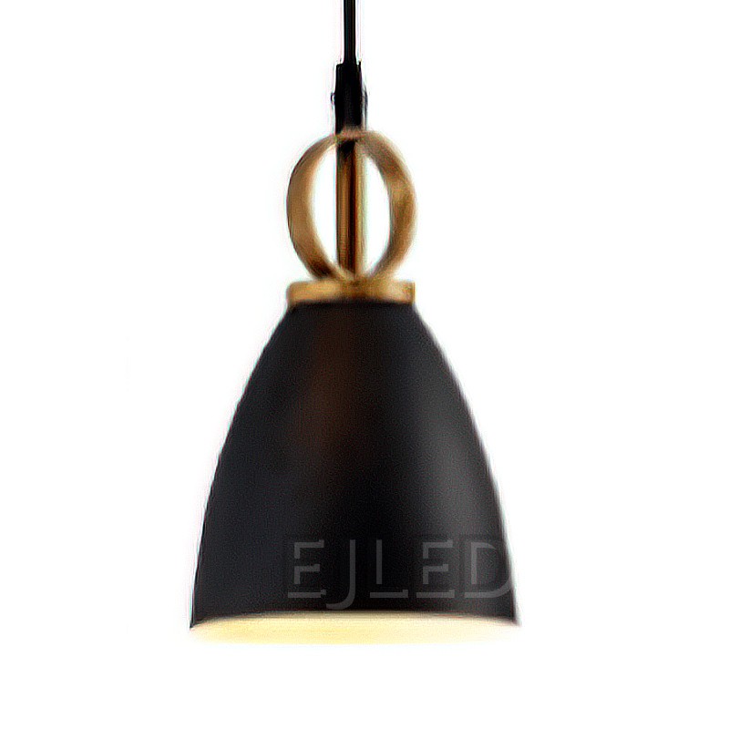 This black and brass metal bell pendant light hangs from a black cord and features a distinct ring accent above the shade for architectural interest.